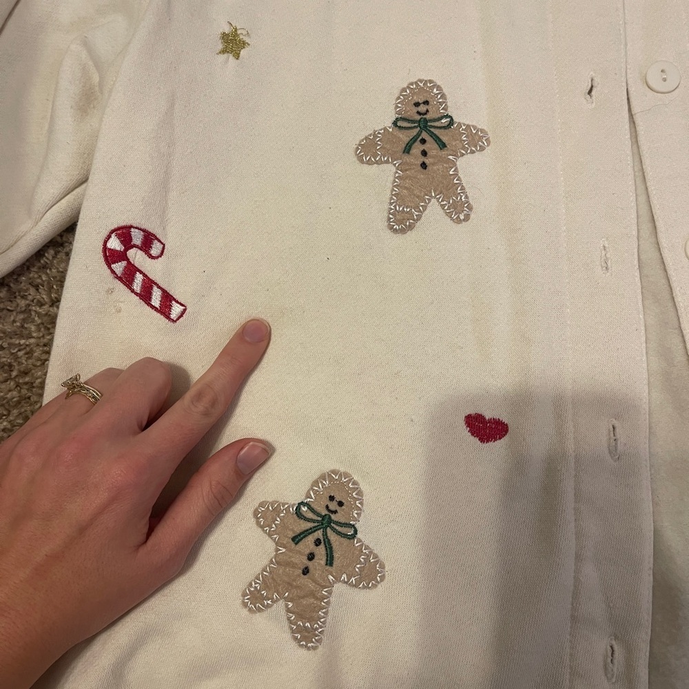 Vintage Cream Cardigan candy cane gingerbread Embroidery L cottage core grandma - Picture 4 of 9